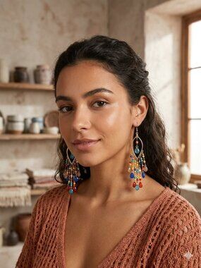 Bohemian Colorful Beaded Chandelier Tassel Drop Earrings Statement Boho Dangle